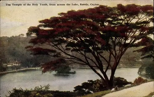 Ak Kandy Ceylon Sri Lanka, Der Tempel des Heiligen Zahns, See, See