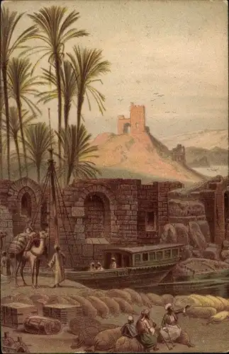 Ak Ägypten, Händler im Hafen, Ruine