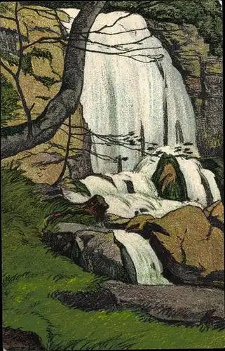 Künstler Ak Beatenberg Kt. Bern Schweiz, Beatushöhlen, Wasserfall im Park