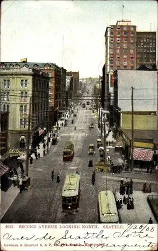 Ak Seattle Washington USA, Second Avenue mit Blick nach Norden, Straßenbahn