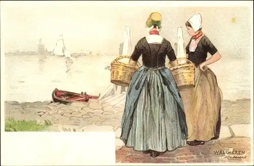 Künstler Litho Cassiers, H., Walcheren Zeeland, Frauen in niederländischen Volkstrachten