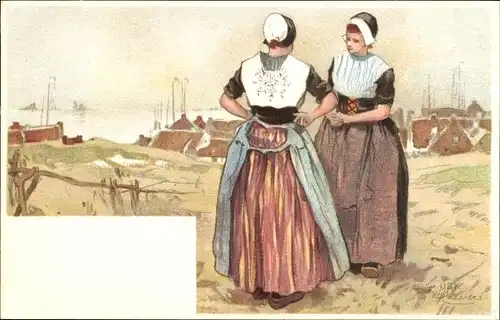 Künstler Litho Cassiers, H., Urk Flevoland Niederlande, Frauen in Volkstrachten