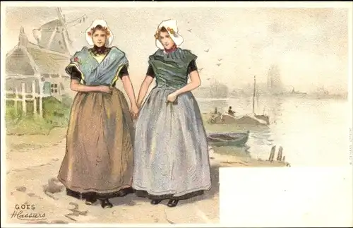 Künstler Litho Cassiers, H., Goes Zeeland Niederlande, Frauen in holländischer Tracht