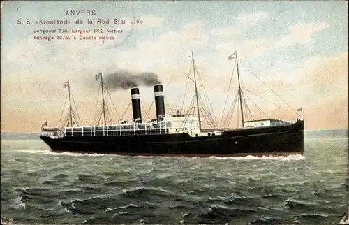 Ak Antwerpen Antwerpen Flandern, Dampfschiff SS Kronland, Red Star Line