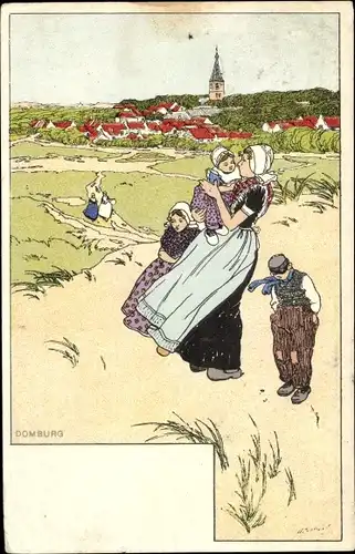 Künstler Ak Cassiers, Domburg Veere Zeeland, Niederländische Trachten, Mutter mit Kindern, Dorf