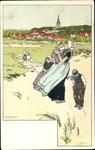 Künstler Ak Cassiers, Domburg Veere Zeeland, Niederländische Trachten, Mutter mit Kindern, Dorf