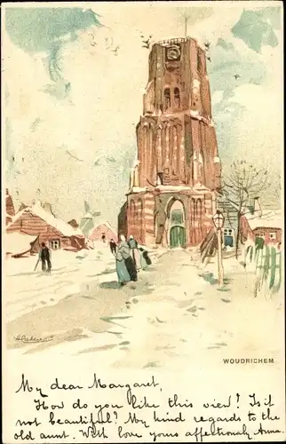 Künstler Litho Cassiers, H., Woudrichem Nordbrabant Niederlande, Teilansicht im Winter, Turm