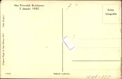 Ak Juliana der Niederlande, Prinz Bernhard, Brautkleid, 7 Januar 1937