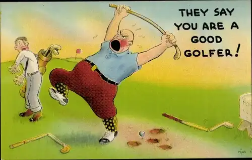 Künstler Ak Wütender Golfer, zerbrochene Schläger