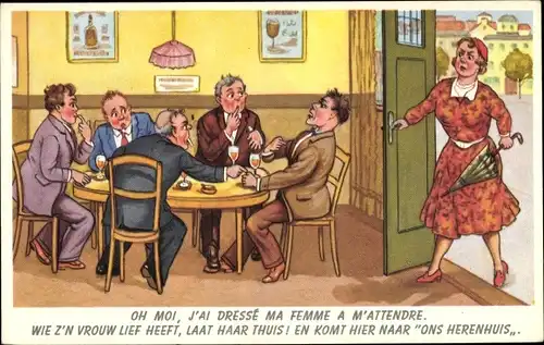 Ak Männer im Gasthausm Wütende Ehefrau, Herrenhaus