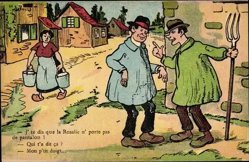 Ak Frankreich, Männer unterhalten sich, Frau trägt Wassereimer