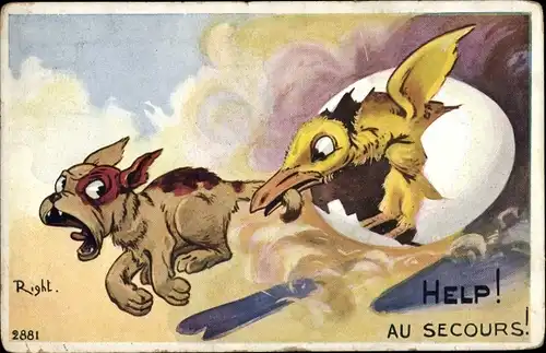 Künstler Ak Right, Help, Au Secours, Küken beißt Hund in den Schwanz