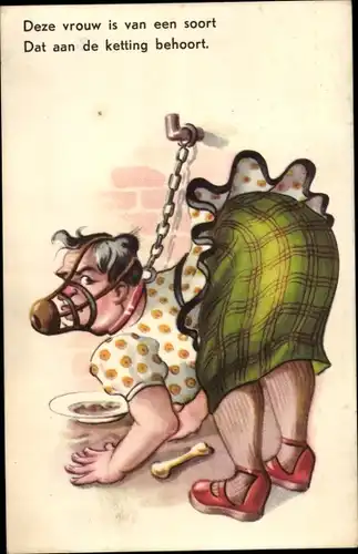 Künstler Ak Angekette Frau mit Maukorb