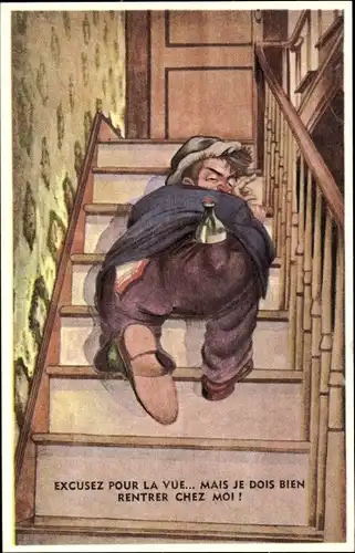 Künstler Ak Betrunkener Mann auf einer Treppe