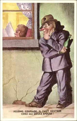 Künstler Ak Betrunkener Mann mit Weinflasche vor dem Fenster, Ehefrau