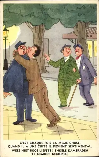 Künstler Ak Betrunkener Mann küsst Polizisten