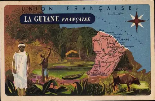 Landkarten Ak Französisch Guayana, Landkarte, Cayenne, Approvague, Oyapock, Philémon, Odon, Elysée