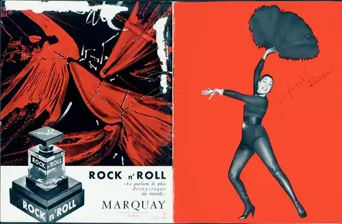 Prospekt Tänzerin und Schauspielerin Josephine Baker, Reklame Parfum Rock n'Roll, Marquay, Autogramm