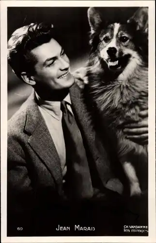 Ak Schauspieler Jean Marais, Portrait mit Hund