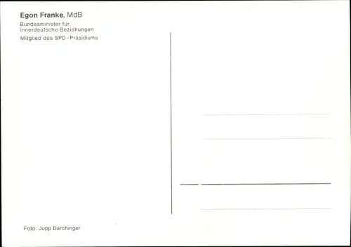 Ak Egon Franke, Bundesminister f. innerdeutsche Beziehungen, SPD, Portrait, Autogramm