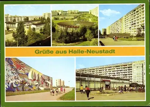 Ak Halle Neustadt, 1. Polytechnische Oberschule, WK I, Kindergarten Buratino, Wohnblock, Schwimmbad