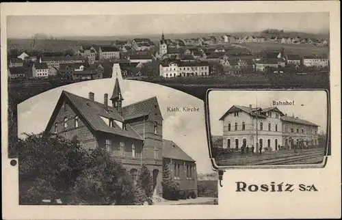 Ak Rositz Thüringen, Katholische Kirche, Bahnhof, Gleisseite