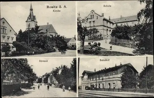 Ak Rositz Thüringen, Schule, Kirche, Straße, Bahnhof