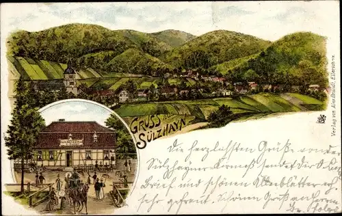 Litho Sülzhayn Ellrich Harz Thüringen, Totalansicht, Gasthof zum Sülzetal