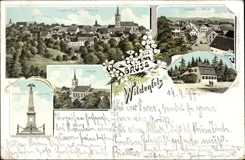 Litho Wildenfels im Erzgebirge, Kirche, Kriegerdenkmal, Friedrichsthal