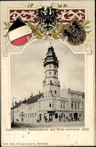 Präge Wappen Ak Salzwedel in der Altmark, Rathausturm, Hotel Schwarzer Adler