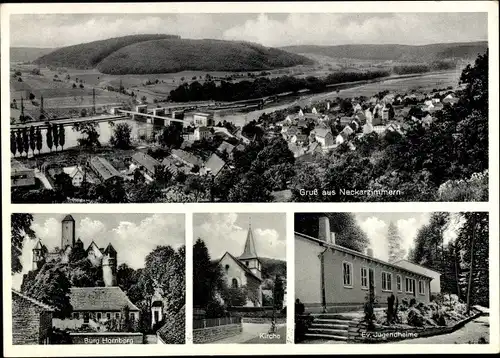 Ak Neckarzimmern im Neckartal, Panorama, Burg Hornberg, Kirche, evangelische Jugendheime