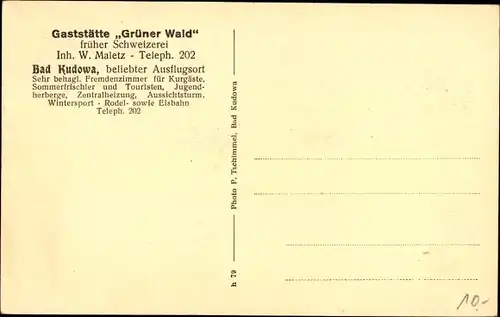 Ak Kudowa Zdrój Bad Kudowa Schlesien, Gaststätte Grüner Wald, früher Schweizerei