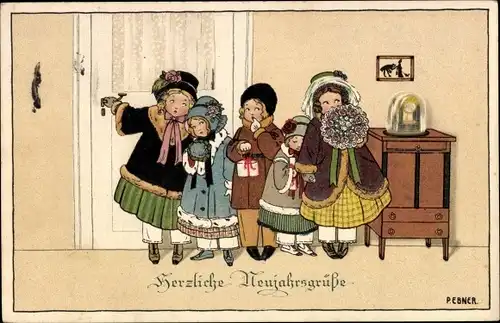 Künstler Ak Ebner, Pauli, Glückwunsch Neujahr, Kinder mit Geschenken und Blumen