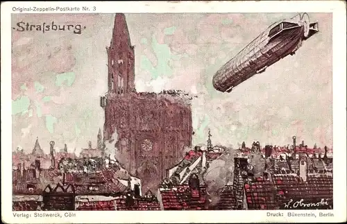 Künstler Ak Obronski, W., Strasbourg Straßburg Elsass Bas Rhin, Zeppelin über der Stadt