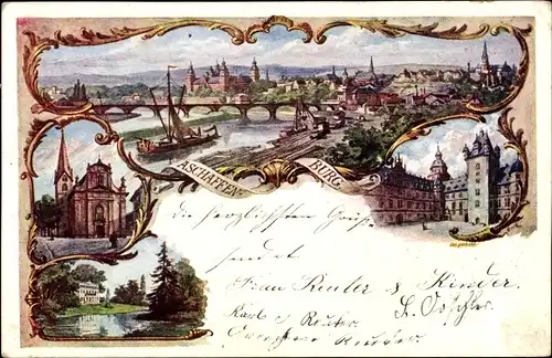 Künstler Ak Aschaffenburg Unterfranken Bayern, Panorama, Kirche, Schloss, Uferpartie