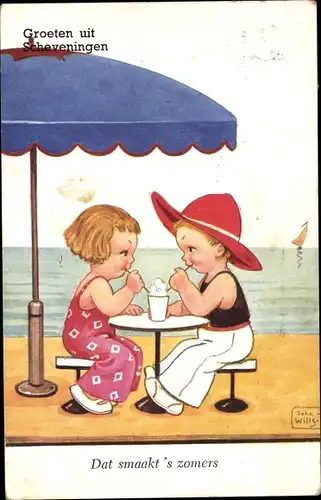 Künstler Ak Wills, John, Scheveningen, Junge und Mädchen am Strand, Kaffeetisch