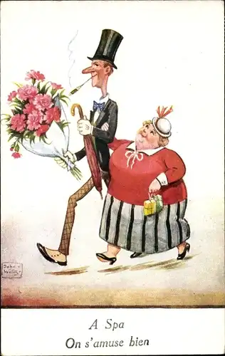 Künstler Ak Wills, John, großer dünner Mann, kleine dicke Frau, Blumenstrauß