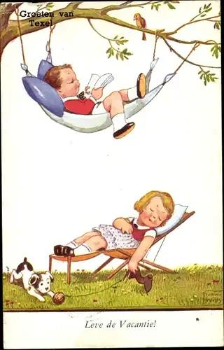 Künstler Ak Wills, John, Texel, Urlaubsleben, Junge in Hängematte, Mädchen in Liegestuhl, Hund