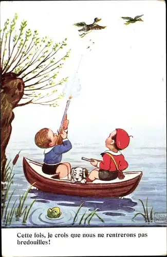 Künstler Ak Wills, John, Jungen im Ruderboot auf der Entenjagd, Frosch