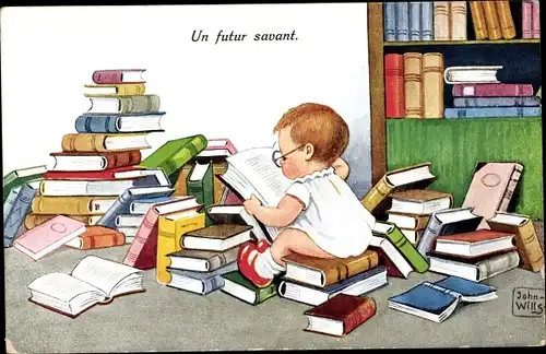 Künstler Ak Wills, John, Bücherwurm, Kleinkind mit Brille, Bücher
