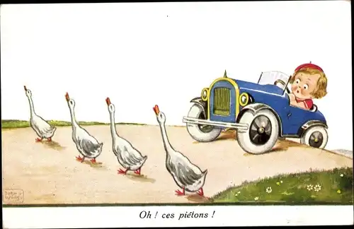 Künstler Ak Wills, John, Mädchen im Automobil, Gänse überqueren die Straße