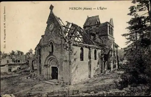 Ak Mercin Aisne, zerstörte Kirche