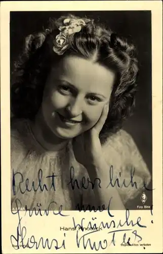 Ak Schauspielerin Hansi Knoteck, Portrait, Blumen im Haar, Autogramm