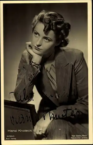 Ak Schauspielerin Hansi Knoteck, Portrait, Armbanduhr, Autogramm