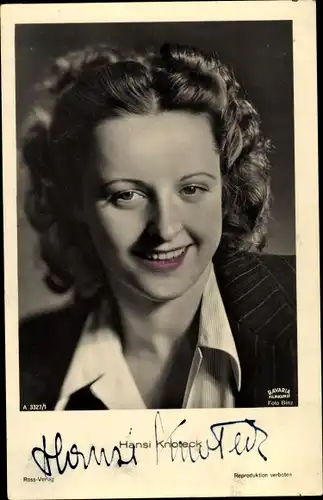 Ak Schauspielerin Hansi Knoteck, Portrait, Ross Verlag A 3327/1, Autogramm