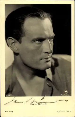 Ak Schauspieler Hans Stüwe, Portrait, Ufa Film, Ross Verlag A 3127 1, Autogramm