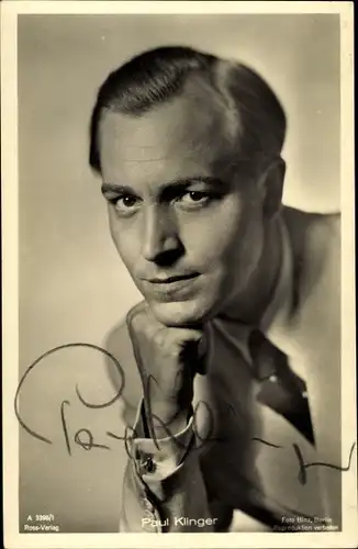 Ak Schauspieler Paul Klinger, Portrait, Ross A 3398/1, Autogramm