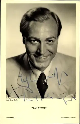 Ak Schauspieler Paul Klinger, Ross Verlag, A 3304, Portrait, Krawatte, Autogramm