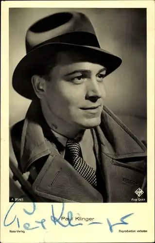 Ak Schauspieler Paul Klinger, Portrait, Hut, Autogramm