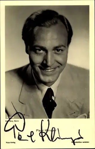 Ak Schauspieler Paul Klinger, Ross Verlag, A 3304, Portrait, Krawatte, Autogramm